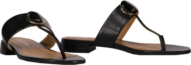 Emporio Armani Leren teenslippers met metalen plaat Black Dames