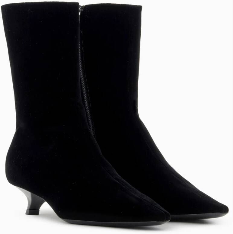 Emporio Armani Zwarte Fluweel Kitten Heel Laarzen Black Dames