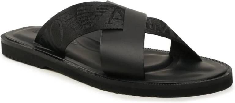 Emporio Armani Zwarte Gekruiste Leren Sandalen Black Heren