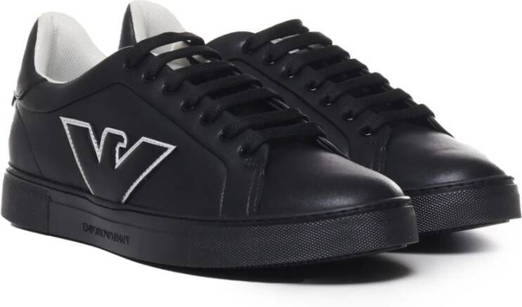 Emporio Armani Zwarte Leren Sneakers met Ingelegd Adelaarslogo Black Heren