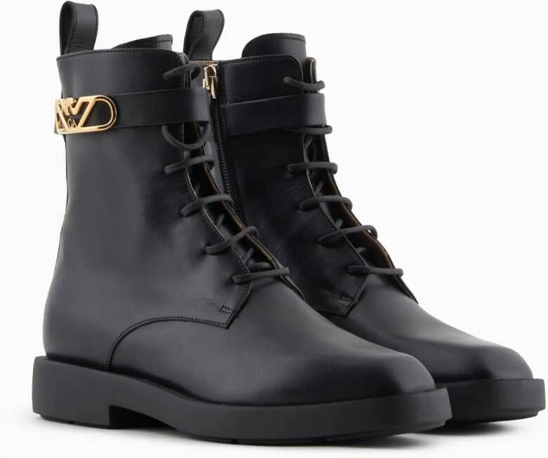 Emporio Armani Zwarte leren veterschoenen Zijrits Rubberen zool Black Dames