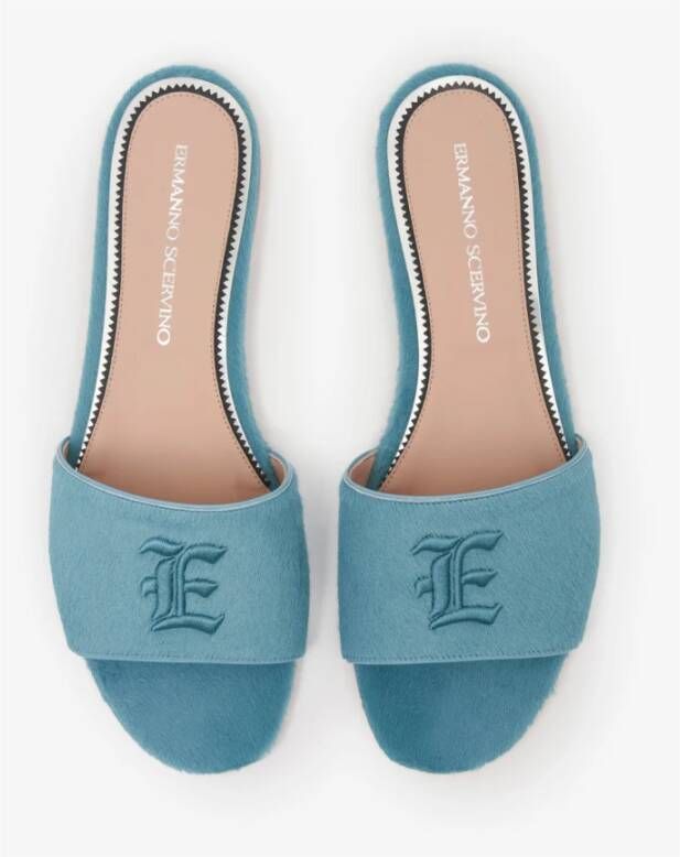 Ermanno Scervino Platte leren sandalen met gotisch monogram Blue Dames