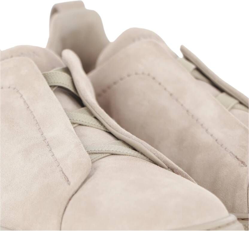 Ermenegildo Zegna Suède Lage Sneaker Elastiek Kruis Beige Heren