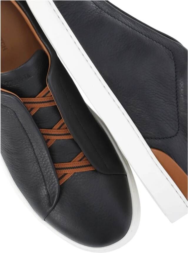 Ermenegildo Zegna Zwarte Leren Sneakers Ronde Neus Black Heren