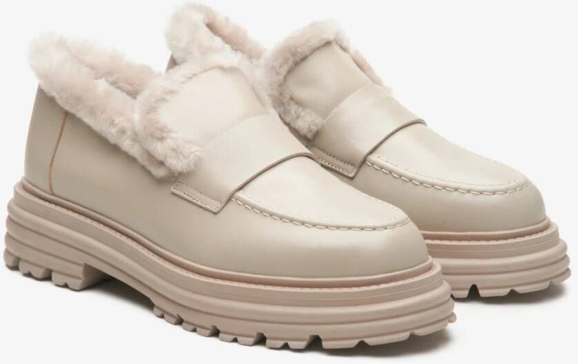 Estro Dames Beige Bontgevoerde Loafers gemaakt van Echt Leer voor Winter Er00114214 Beige Dames