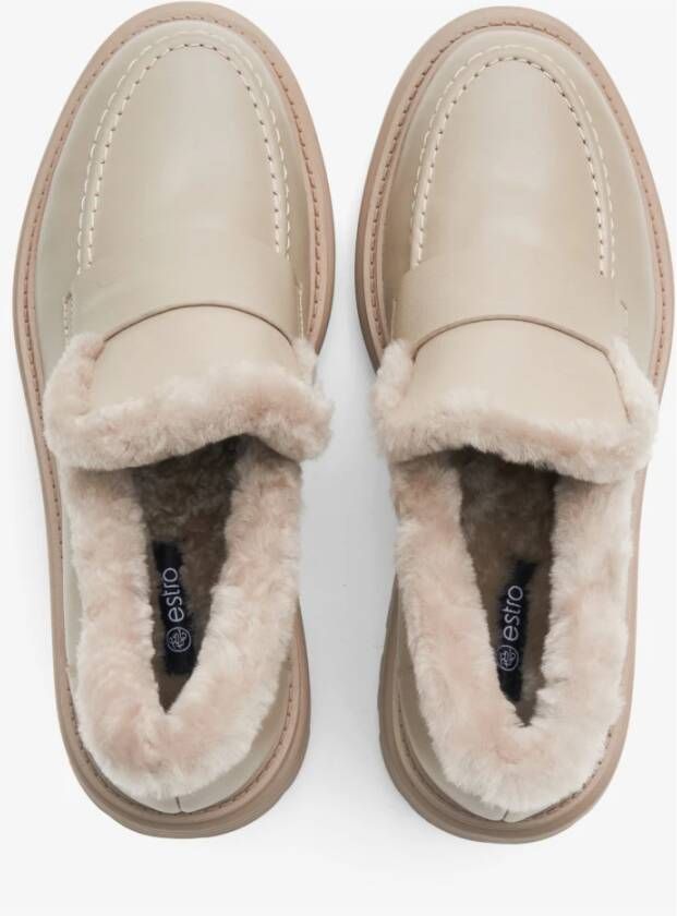 Estro Dames Beige Bontgevoerde Loafers gemaakt van Echt Leer voor Winter Er00114214 Beige Dames