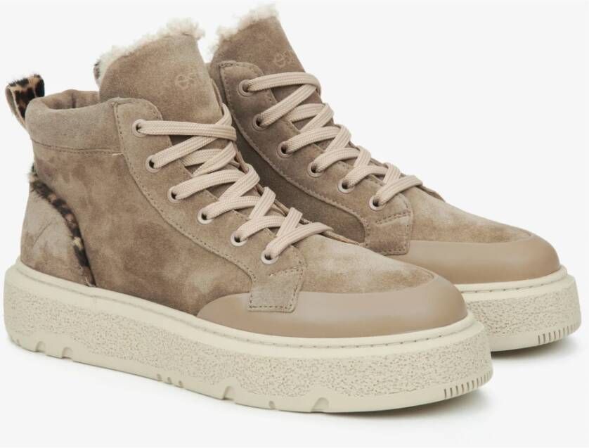 Estro Beige Hoge Winter Sneakers voor Dames gemaakt van Velours & Bont Beige Dames