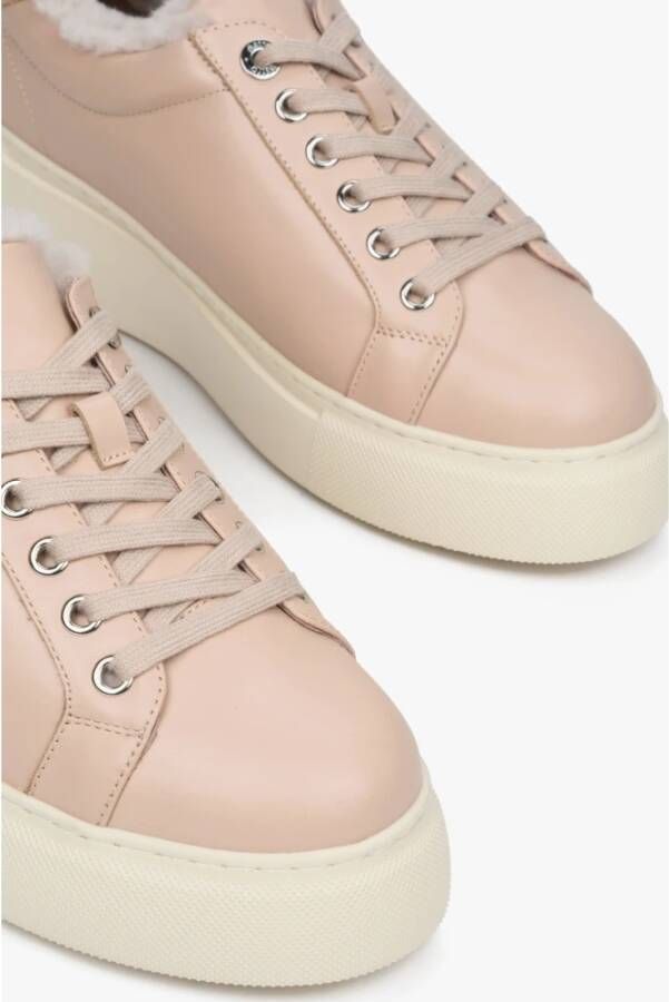 Estro Beige Leren Bont Winter Sneakers Beige Dames