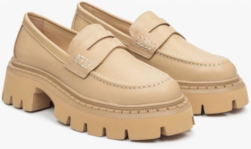 Estro Dames Beige Leren Loafers Er00113814 Beige Dames