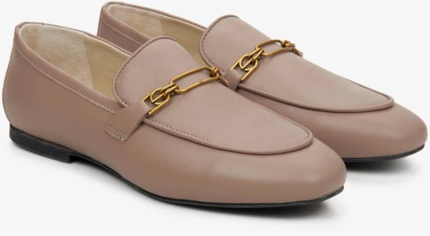 Estro Dames Beige Leren Penny Loafers met een Zilveren Ketting Er00114571 Beige Dames