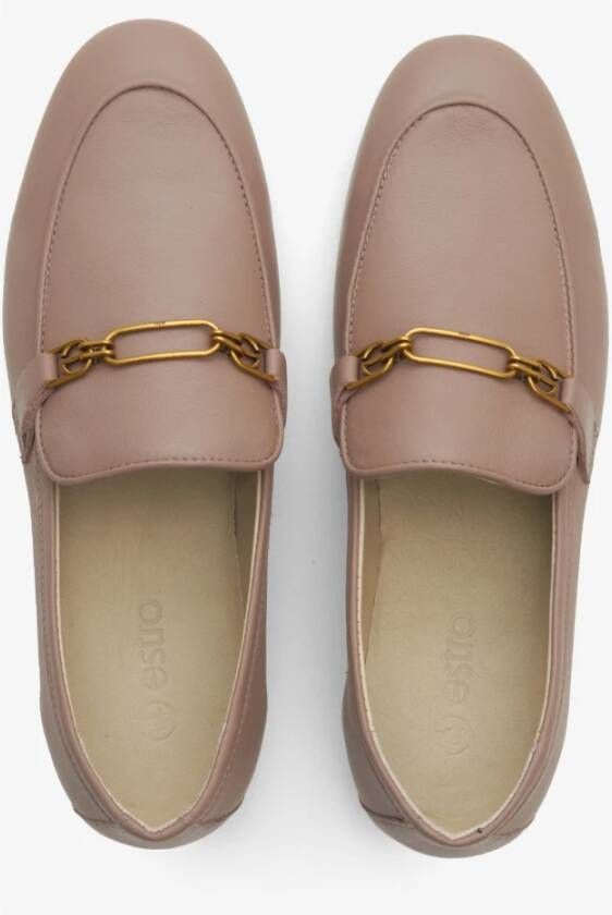 Estro Dames Beige Leren Penny Loafers met een Zilveren Ketting Er00114571 Beige Dames