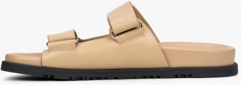 Estro Dames Beige Leren Slides met Verstelbare Dikke Banden Er00114727 Beige Dames