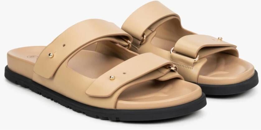 Estro Dames Beige Leren Slides met Verstelbare Dikke Banden Er00114727 Beige Dames