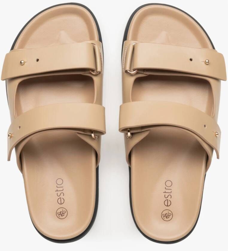 Estro Dames Beige Leren Slides met Verstelbare Dikke Banden Er00114727 Beige Dames