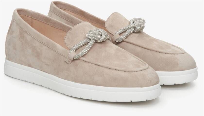 Estro Beige Velours Loafers met Decoratieve Strik Beige Dames