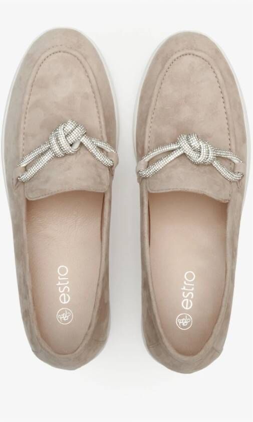 Estro Beige Velours Loafers met Decoratieve Strik Beige Dames