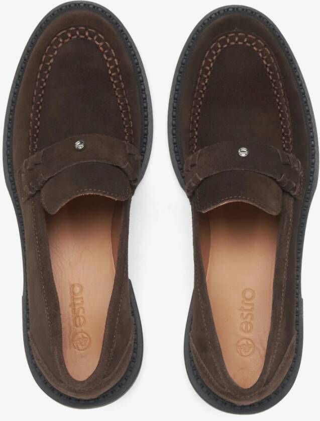 Estro Bruine Penny Loafers Premium Velours Brown Dames