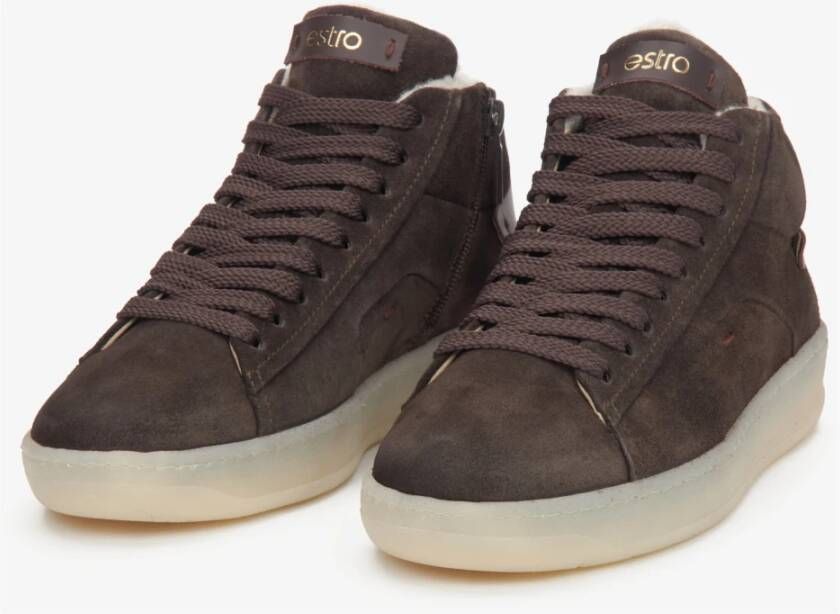 Estro Dames Zadelbruine Italiaanse Velours High-Top Sneakers Brown Dames