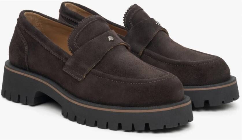 Estro Dames Donkerbruine Chunky Platform Loafers gemaakt van Italiaans Echt Velours Er00115732 Brown Dames