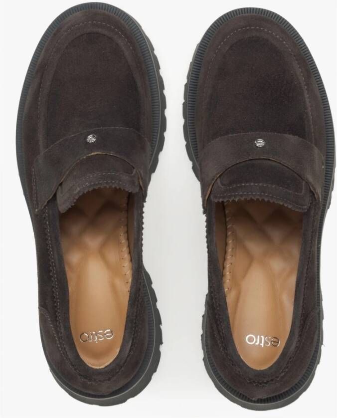 Estro Dames Donkerbruine Chunky Platform Loafers gemaakt van Italiaans Echt Velours Er00115732 Brown Dames