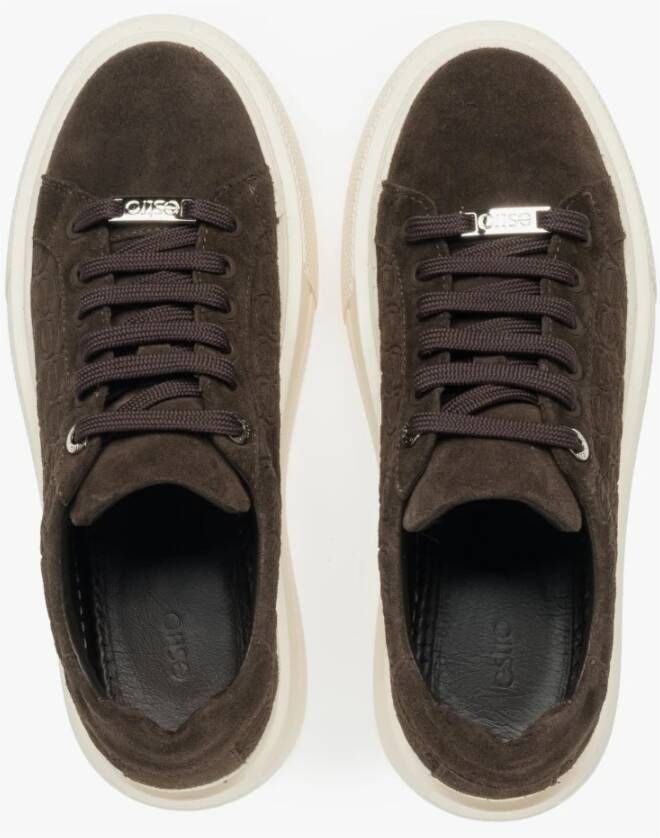 Estro Donkerbruine damessneakers gemaakt van echt velours met dikke zool Brown Dames