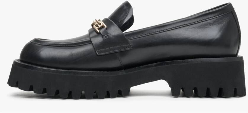 Estro Dames Zwarte Leren Loafers met Gouden Gesp Er00113583 Black Dames