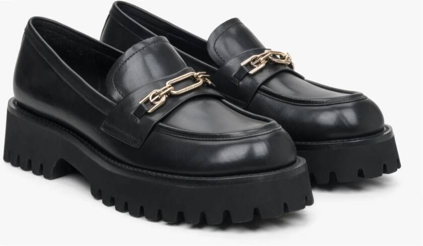 Estro Dames Zwarte Leren Loafers met Gouden Gesp Er00113583 Black Dames