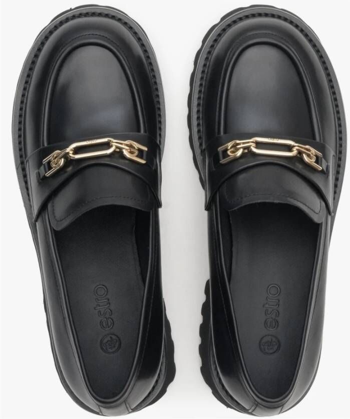 Estro Dames Zwarte Leren Loafers met Gouden Gesp Er00113583 Black Dames