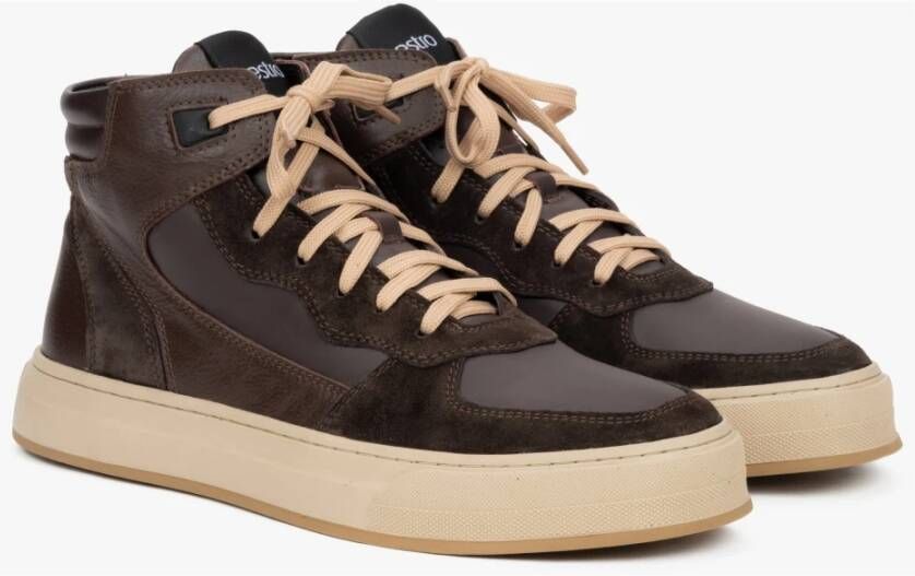 Estro Heren High-Top Donkerbruine Sneakers Gemaakt van Italiaans Echt Leer & Velours met Isolatie Brown Heren