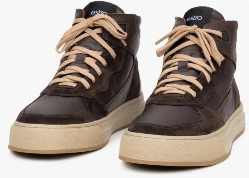 Estro Heren High-Top Donkerbruine Sneakers Gemaakt van Italiaans Echt Leer & Velours met Isolatie Brown Heren