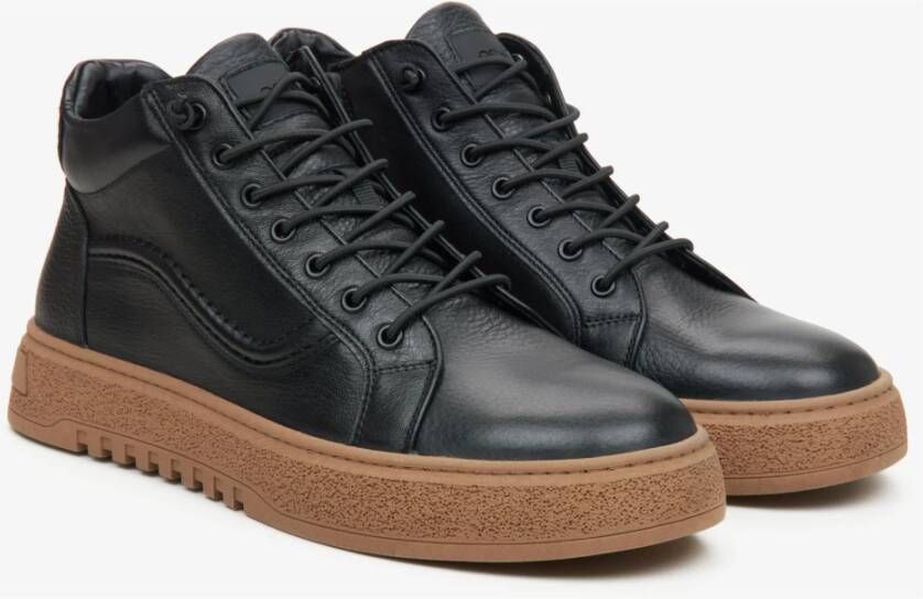 Estro Heren High-Top Zwarte Sneakers gemaakt van Echt Italiaans Leer met Bruine Zool Black Heren