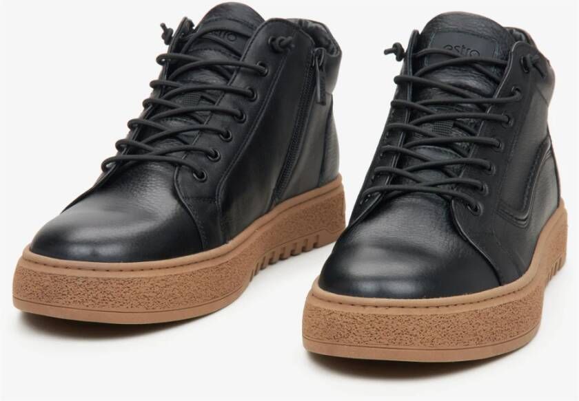 Estro Heren High-Top Zwarte Sneakers gemaakt van Echt Italiaans Leer met Bruine Zool Black Heren