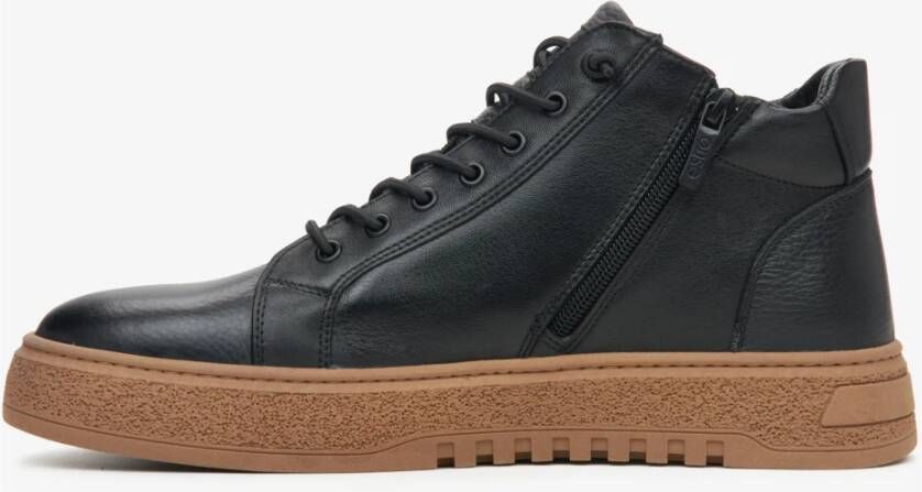 Estro Heren High-Top Zwarte Sneakers gemaakt van Echt Italiaans Leer met Bruine Zool Black Heren