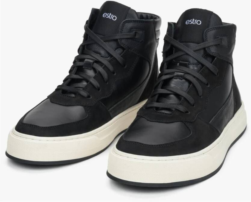 Estro Heren hoge zwarte sneakers gemaakt van Italiaans echt leer en nubuck met isolatie Black Heren