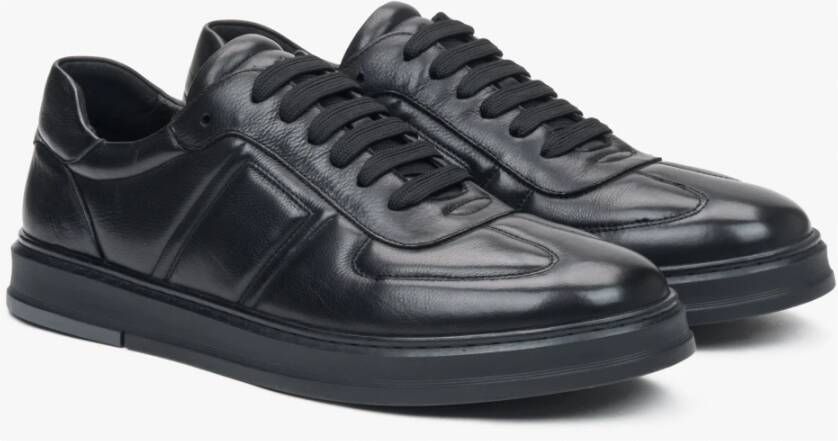 Estro Heren zwarte sneakers van echt leer met decoratief stiksel Black Heren