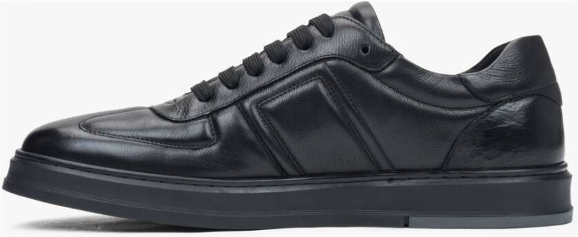 Estro Heren zwarte sneakers van echt leer met decoratief stiksel Black Heren