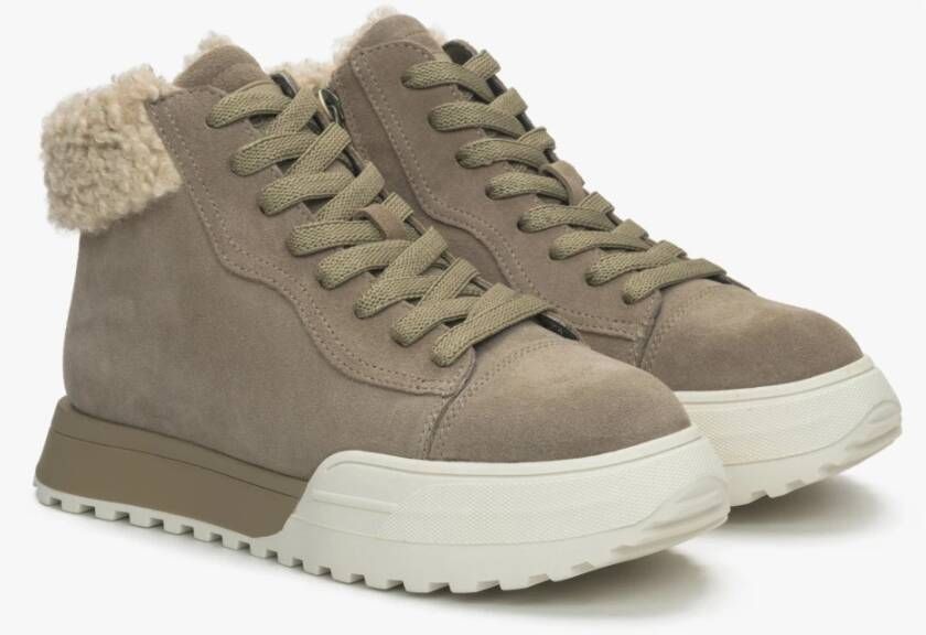 Estro Khaki Hoge Winter Sneakers voor Dames gemaakt van Velours & Bont Green Dames