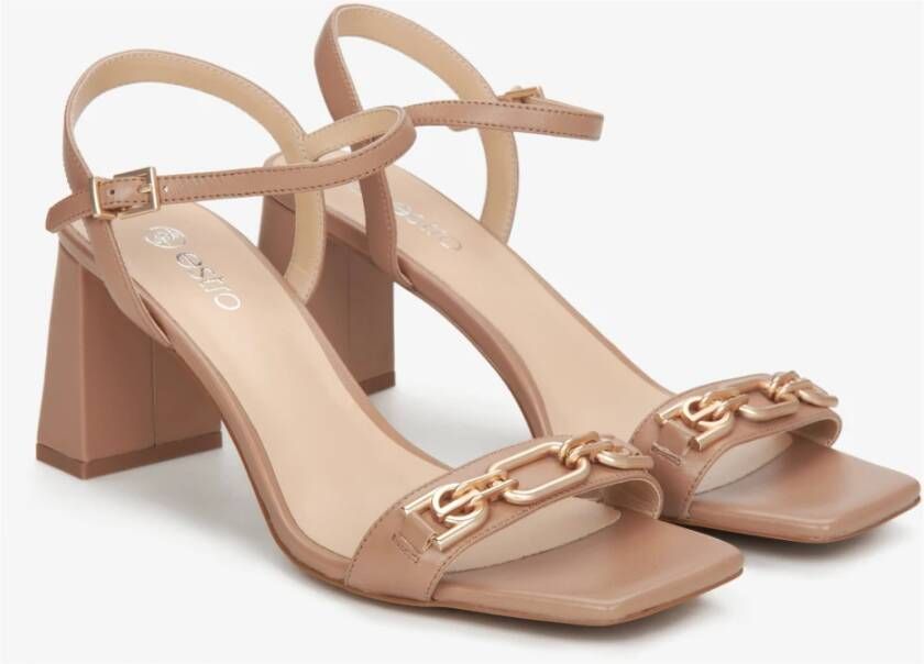 Estro Dames Beige Blokhak Sandalen gemaakt van Echt Leer Er00114745 Beige Dames