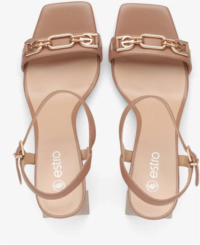 Estro Dames Beige Blokhak Sandalen gemaakt van Echt Leer Er00114745 Beige Dames