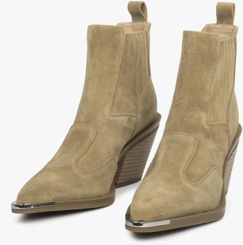 Estro Luxe Beige Cowboy Laarzen Italiaans Velours Beige Dames