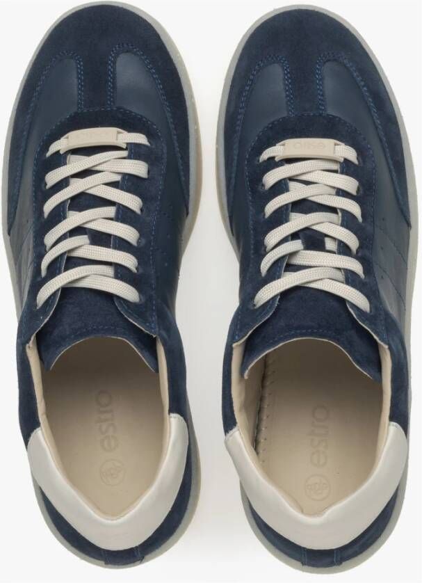 Estro Dames Donkerblauwe Lage Sneakers met Beige Details gemaakt van Italiaans Echt Leer en Velours Er00115731 Blue Dames