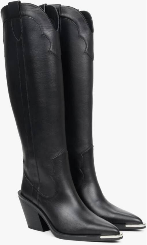 Estro Luxe Zwarte Leren Cowboy Laarzen Black Dames