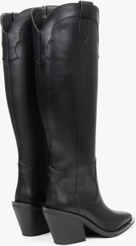 Estro Luxe Zwarte Leren Cowboy Laarzen Black Dames