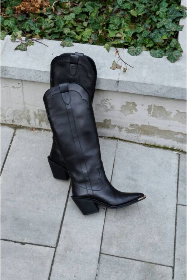 Estro Luxe Zwarte Leren Cowboy Laarzen Black Dames