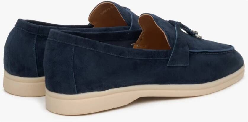 Estro Dames Marineblauwe Velours Loafers met een Decoratieve Kwast Blue Dames