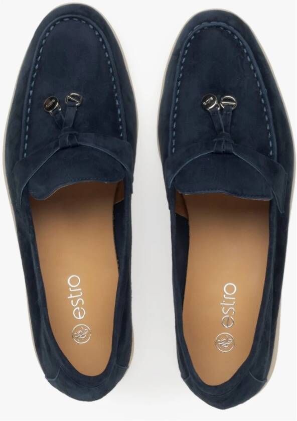 Estro Dames Marineblauwe Velours Loafers met een Decoratieve Kwast Blue Dames