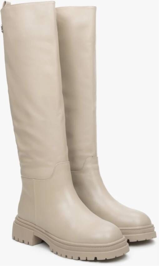 Estro Dames Lichtbeige Leren Winterlaarzen met Elastische Schacht Beige Dames