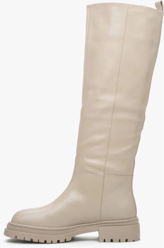 Estro Dames Lichtbeige Leren Winterlaarzen met Elastische Schacht Beige Dames