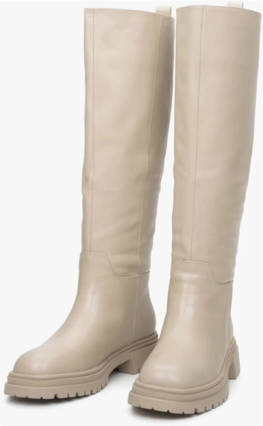 Estro Dames Lichtbeige Leren Winterlaarzen met Elastische Schacht Beige Dames