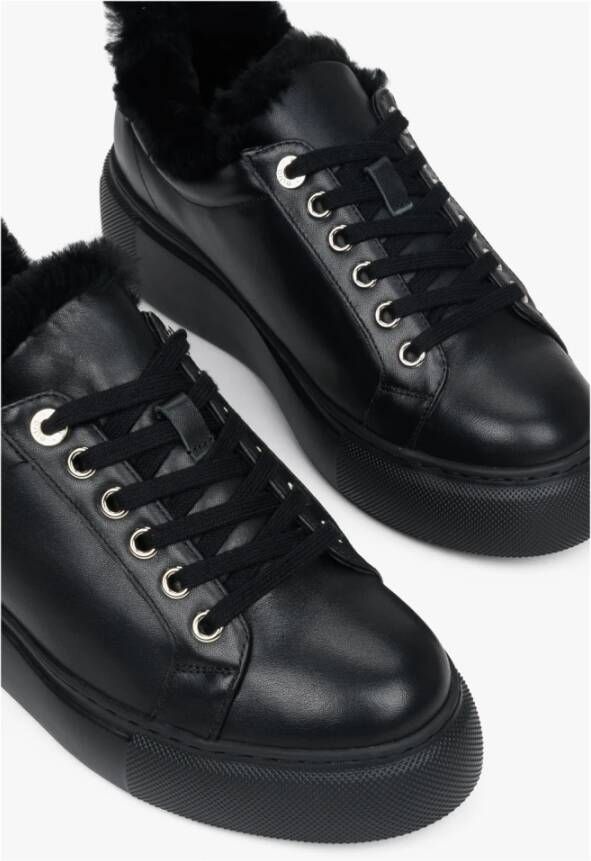 Estro Dames Zwarte Leren & Bont Lage Sneakers voor de Winter Er00112115 Black Dames